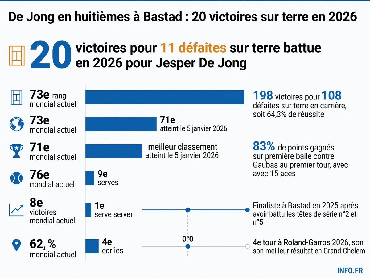 Statistiques de Jesper De Jong sur terre battue en 2026 et lors de son parcours à l'ATP Bastad