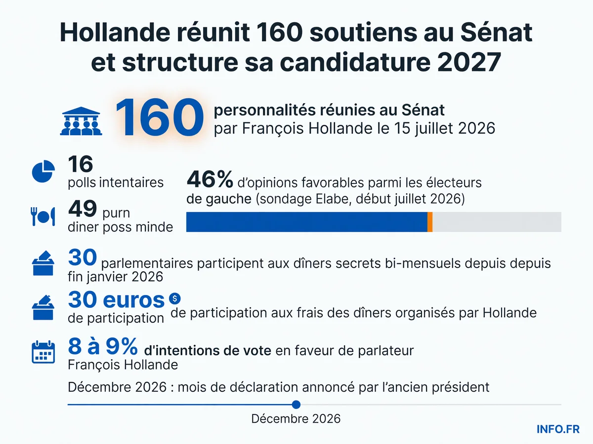 Structuration de la candidature Hollande 2027: réunions, sondages et calendrier politique.