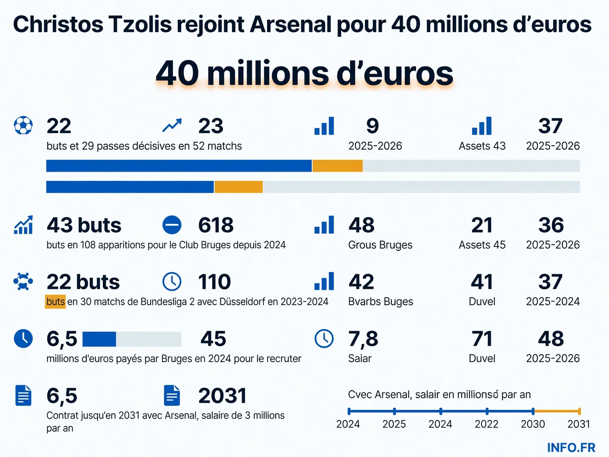 Le parcours statistique de Christos Tzolis du Fortuna Düsseldorf à Arsenal via le Club Bruges, avec ses chiffres de buts et passes décisives
