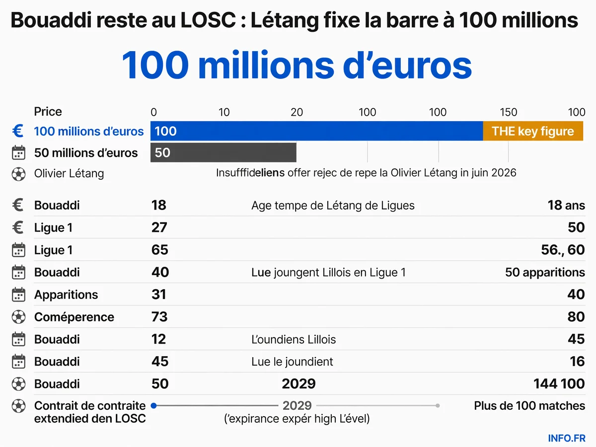 Infographie présentant les chiffres clés du dossier Ayyoub Bouaddi: valorisation, âge, expérience et durée de contrat au LOSC.