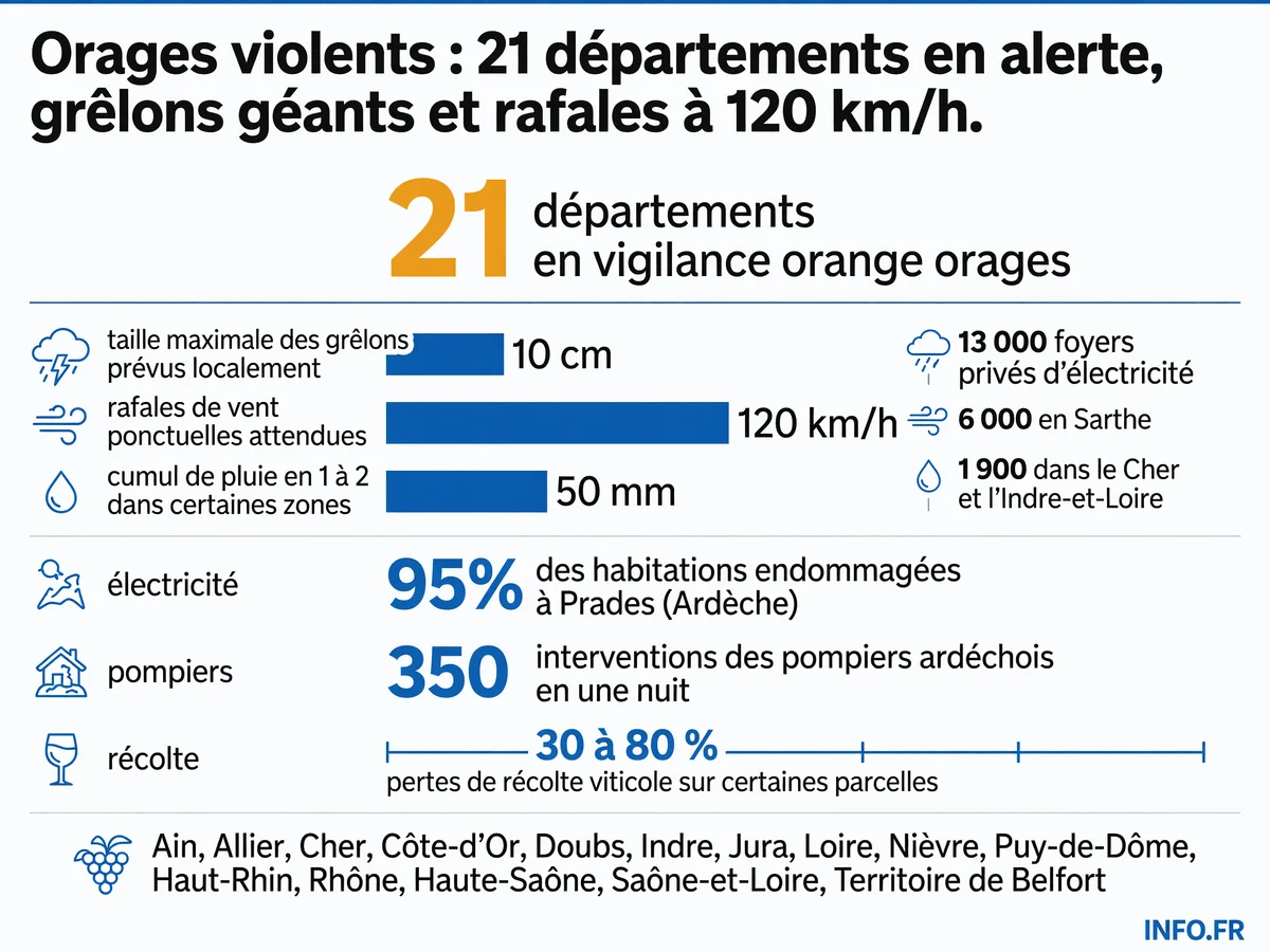 Carte des 21 départements français en vigilance orange orages le 16 juillet 2026, avec données sur les grêlons, rafales de vent et cumuls de pluie attendus.