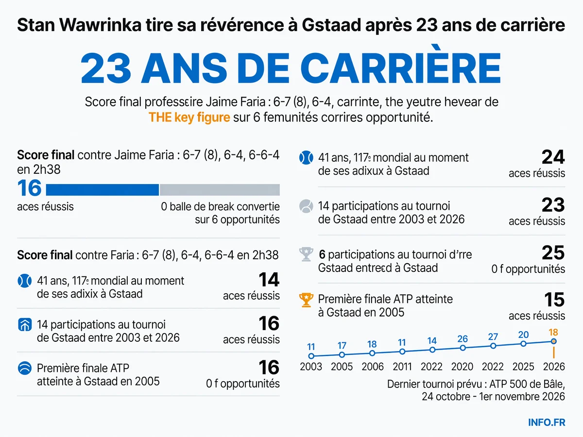 Infographie récapitulant les statistiques de la dernière participation de Stan Wawrinka au tournoi ATP de Gstaad le 14 juillet 2026: score, aces, classement, et dates clés de sa carrière dans ce tournoi.
