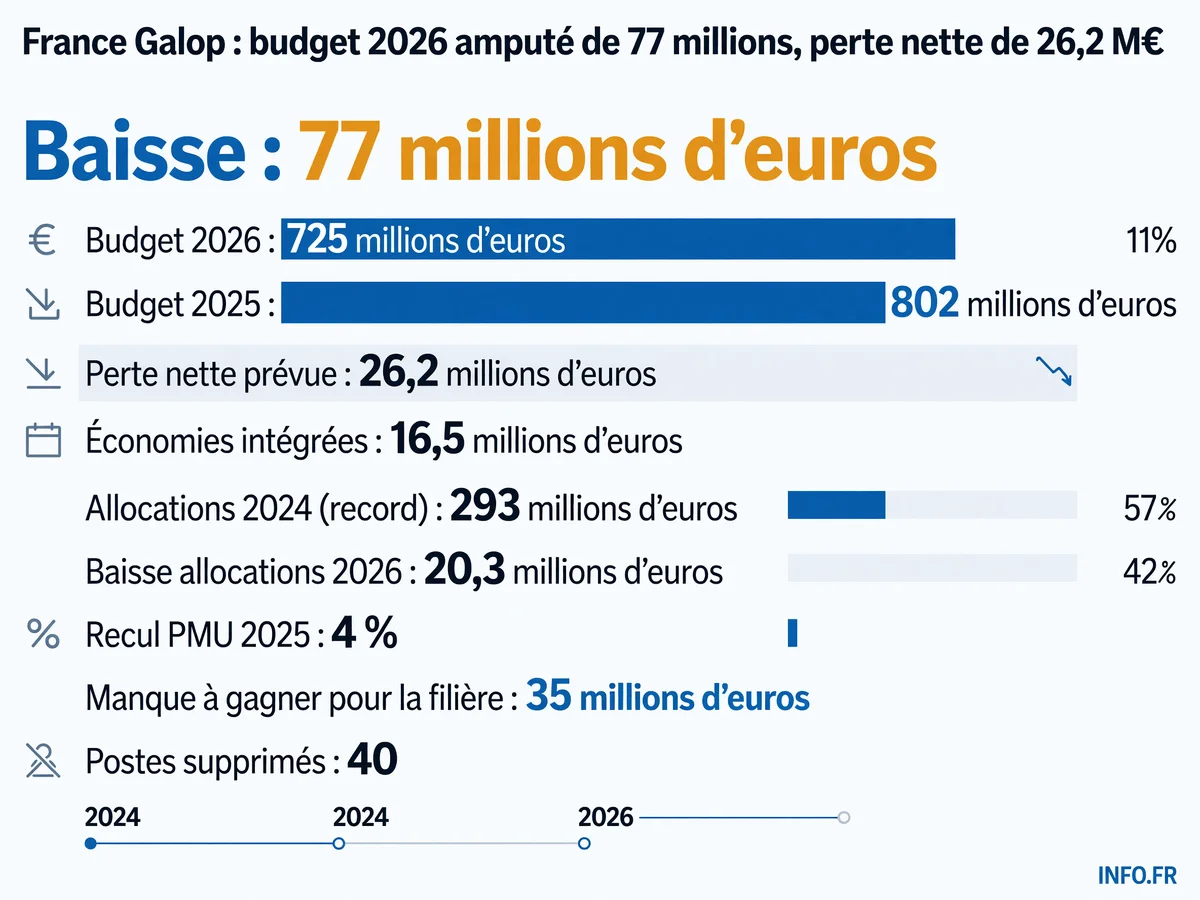 Budget France Galop 2026: baisse de 77 millions d'euros, perte nette de 26,2 millions malgré 16,5 millions d'économies et 40 suppressions de postes