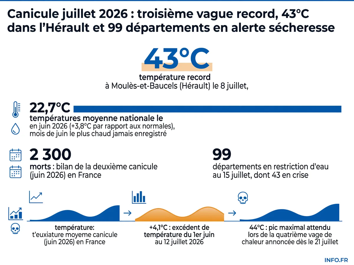 Données clés de la canicule de juillet 2026 en France: températures records, restrictions d'eau, bilan sanitaire et impact agricole.