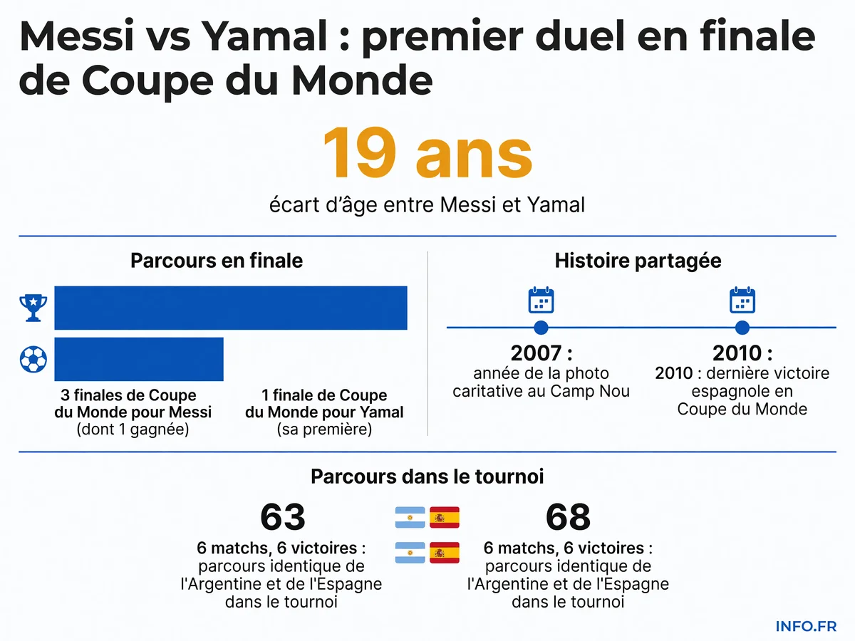 Infographie comparative des parcours de Lionel Messi et Lamine Yamal avant la finale de la Coupe du Monde 2026 au MetLife Stadium
