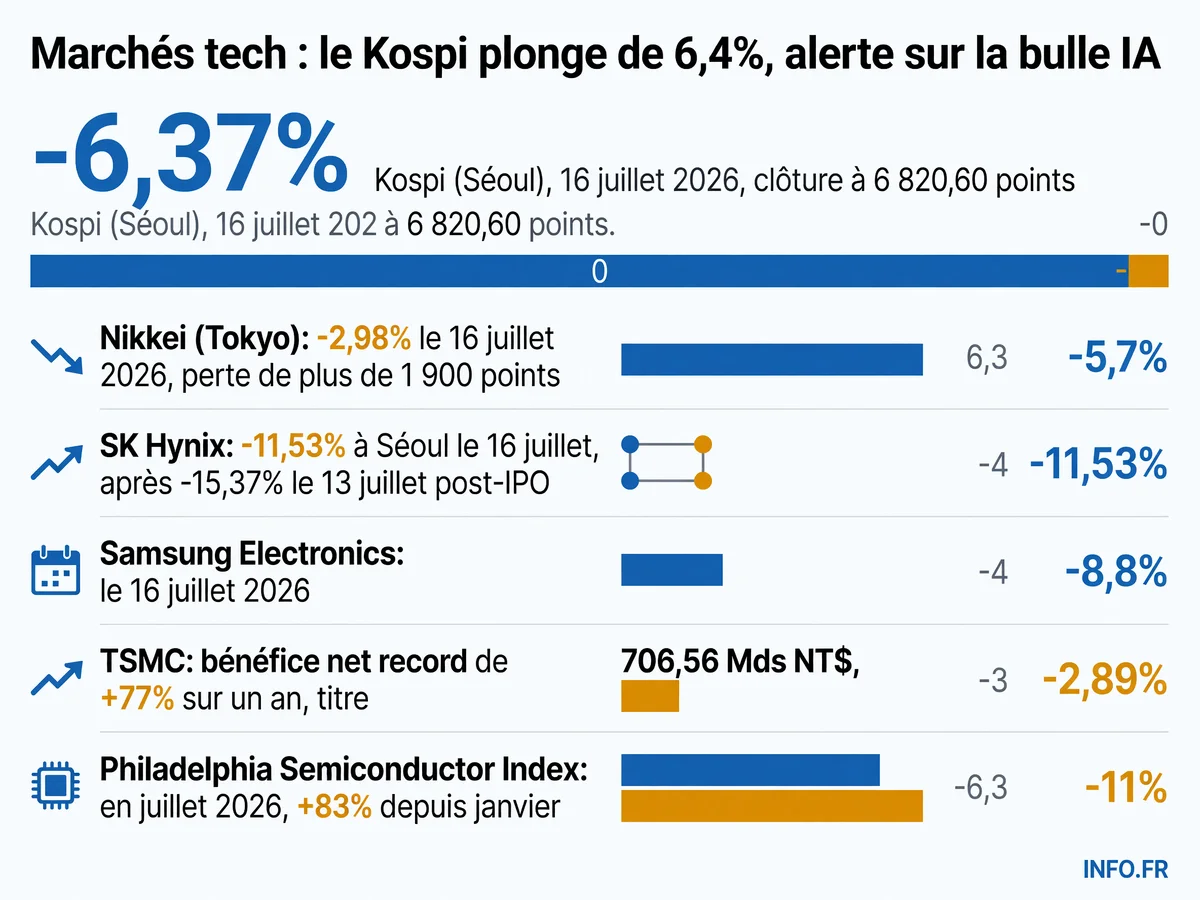 Chute des indices boursiers asiatiques et des valeurs semi-conductrices le 16 juillet 2026, avec le Kospi sud-coréen perdant 6,37% et le Nikkei japonais cédant 2,98%.