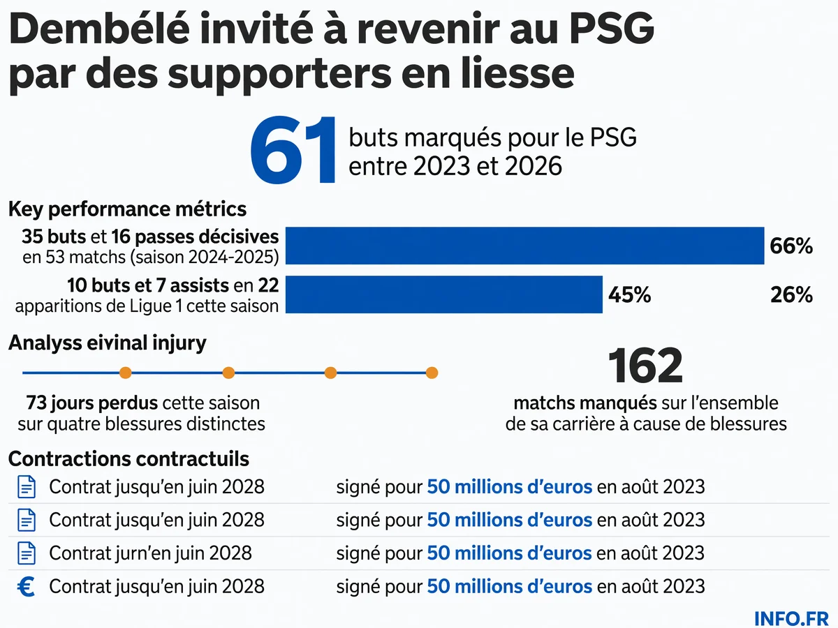 Statistiques d'Ousmane Dembélé au Paris Saint-Germain depuis son arrivée en août 2023, incluant buts, passes décisives et blessures.