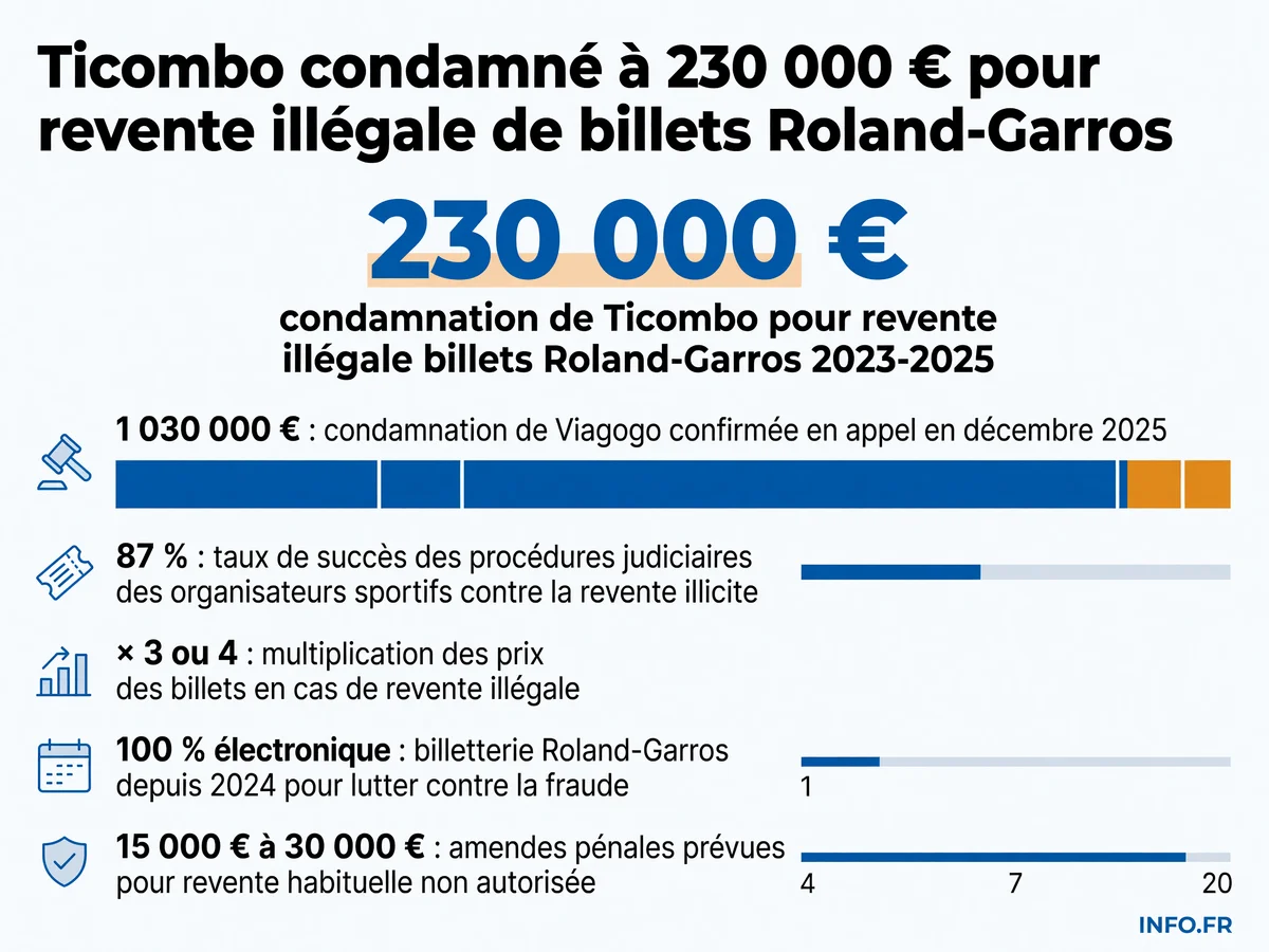 Chronologie des condamnations judiciaires de la FFT contre les plateformes de revente illégale de billets Roland-Garros (2018-2026) et montants des sanctions.