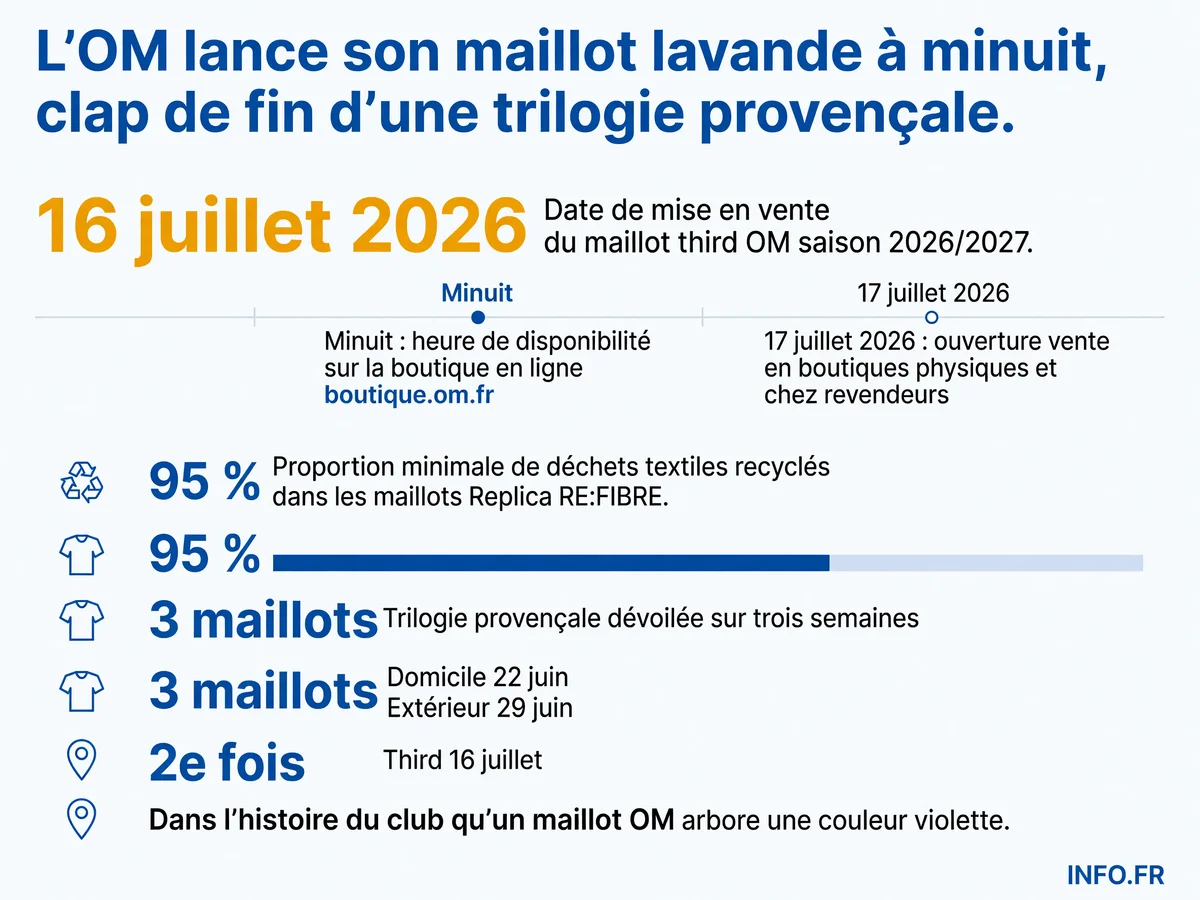Calendrier de lancement du maillot third lavande de l'OM saison 2026/2027 avec technologies PUMA ULTRAWEAVE, dryCELL et RE:FIBRE