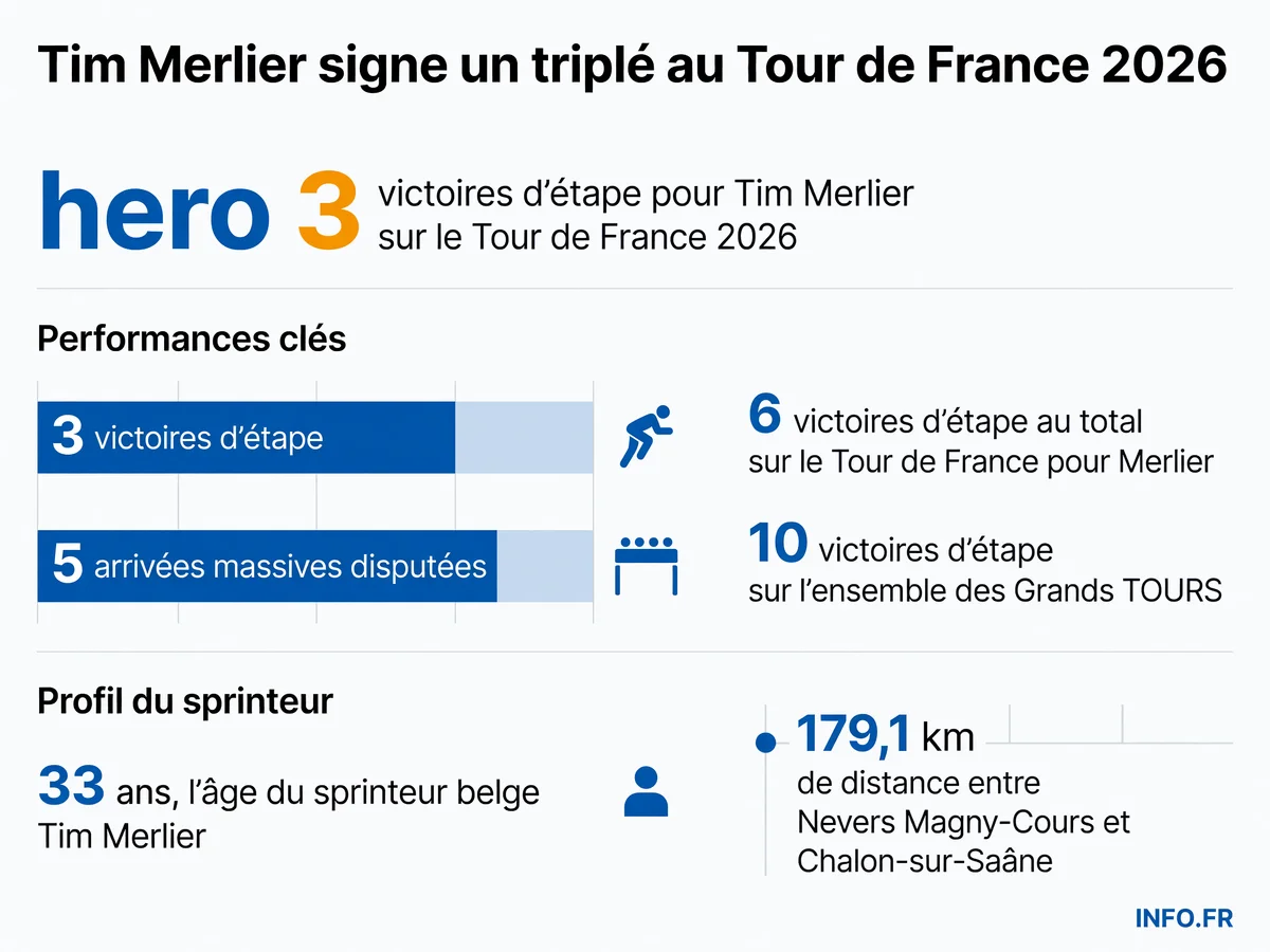 Tim Merlier remporte sa troisième victoire d'étape sur le Tour de France 2026 à Chalon-sur-Saône devant Kooij et Philipsen