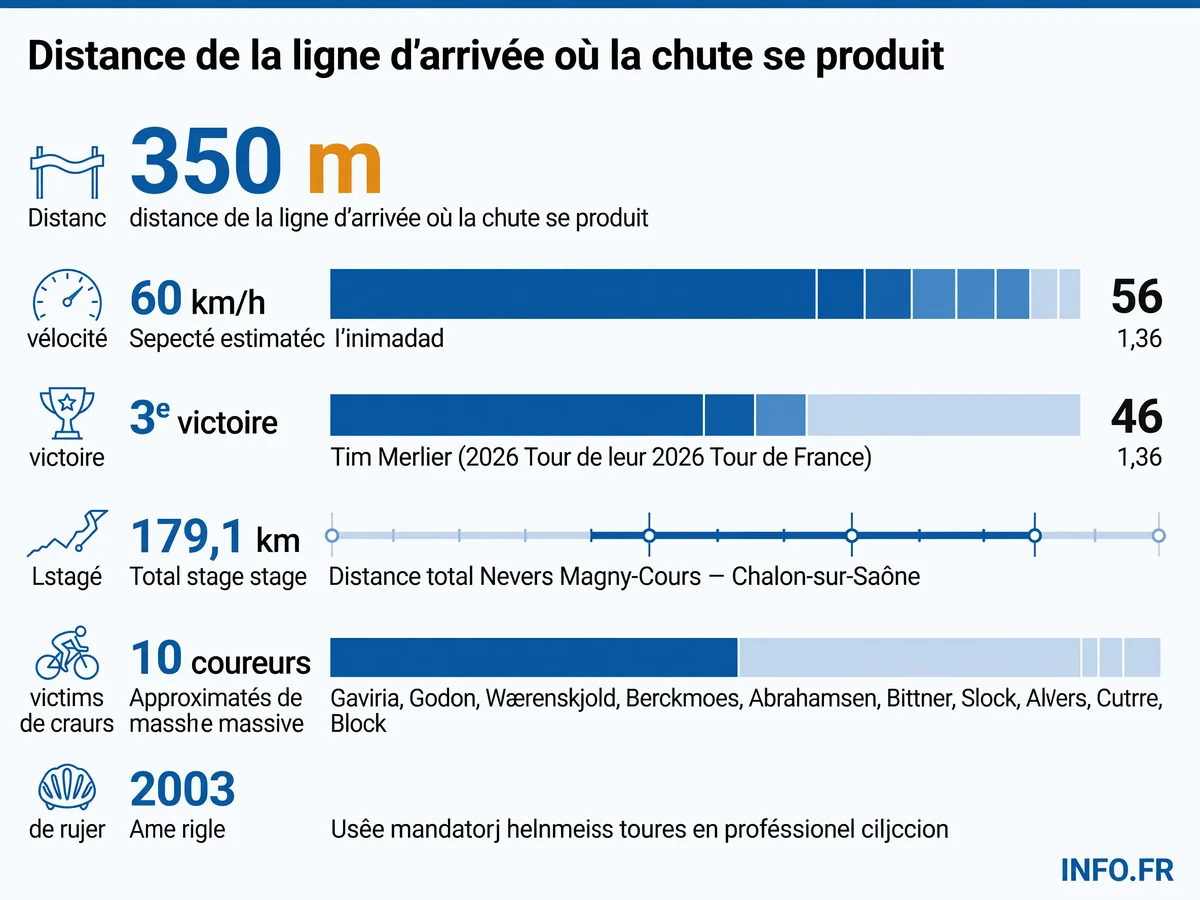 Infographie montrant les données clés de la chute massive lors du sprint final de l'étape 12 du Tour de France 2026 à Chalon-sur-Saône: distance de l'arrivée, vitesse, nombre de victimes et contexte historique de sécurité.