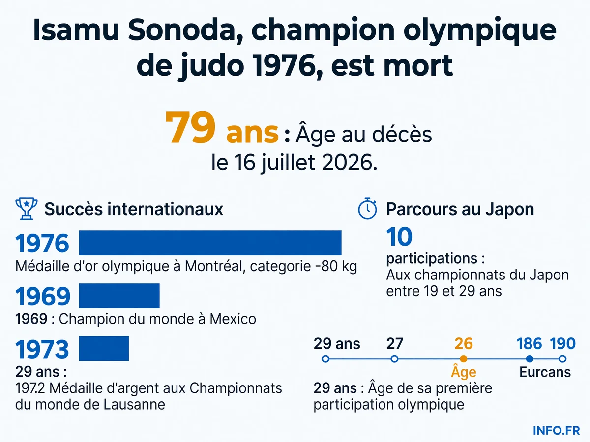 Palmarès d'Isamu Sonoda, médaillé d'or olympique de judo 1976 décédé en juillet 2026.