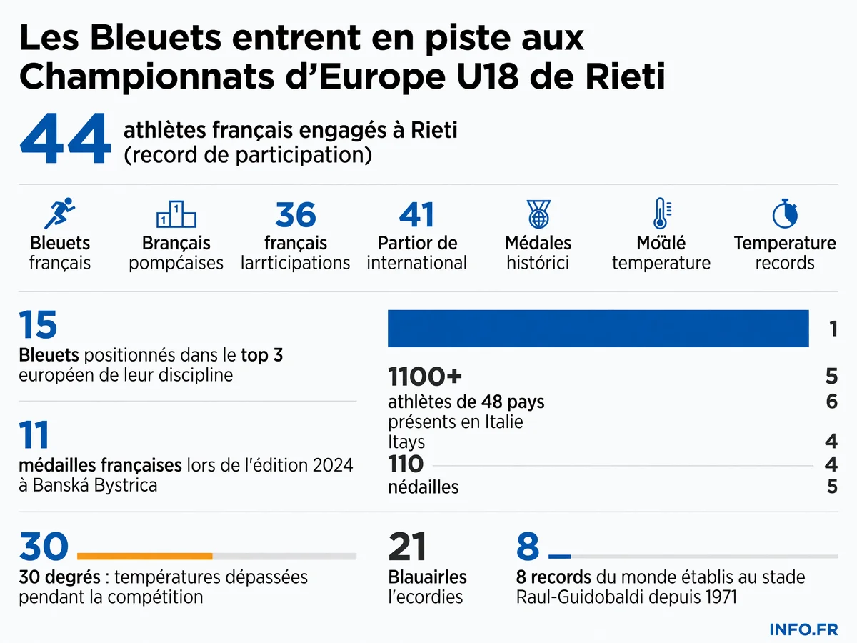 Les chiffres clés des Championnats d'Europe U18 d'athlétisme 2026 à Rieti avec la délégation française record de 44 athlètes