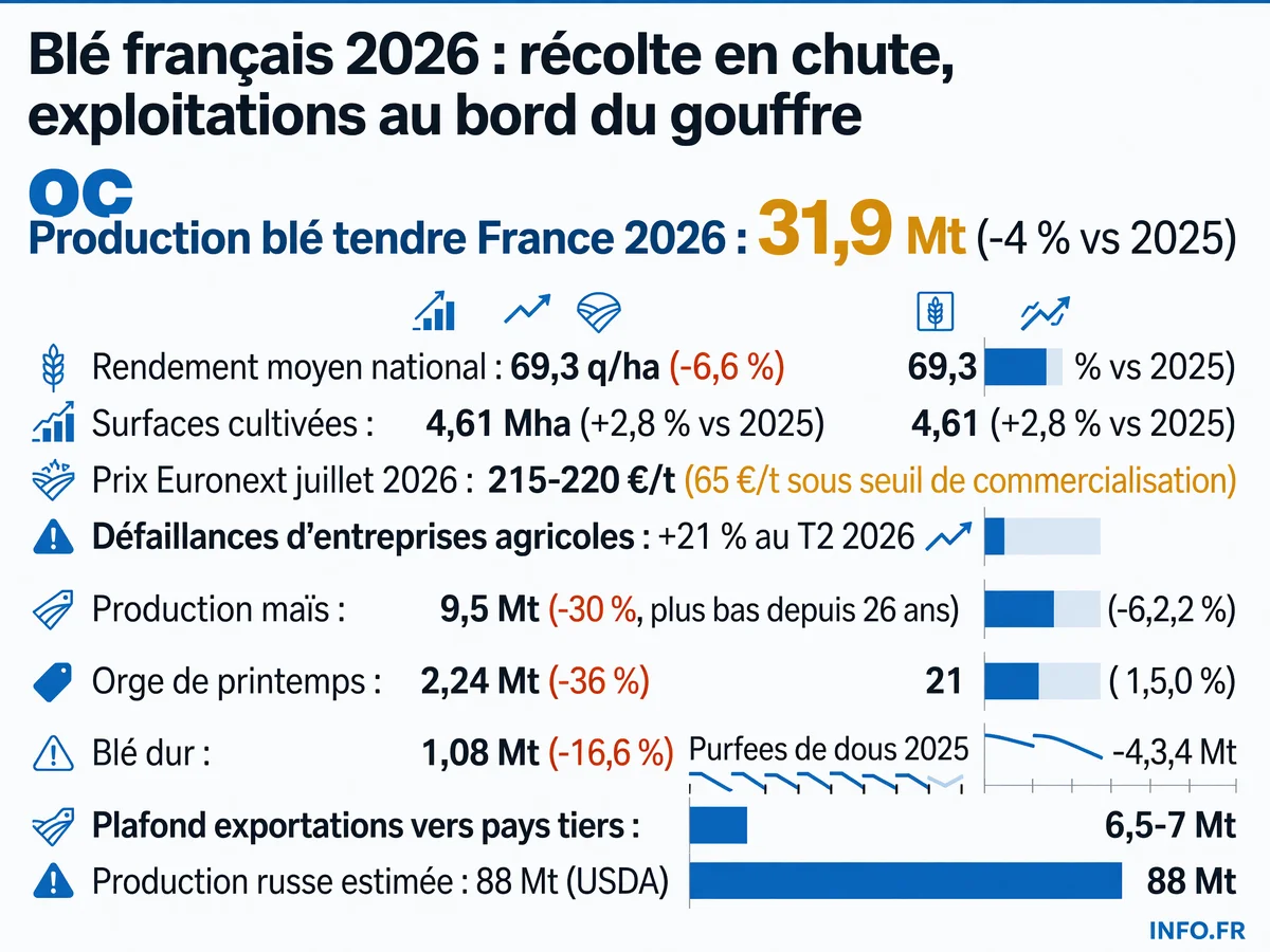 Chiffres clés de la récolte de blé français en 2026: production, rendements, prix, défaillances et exportations, illustrant la crise de la filière céréalière face aux canicules et à la concurrence russe.