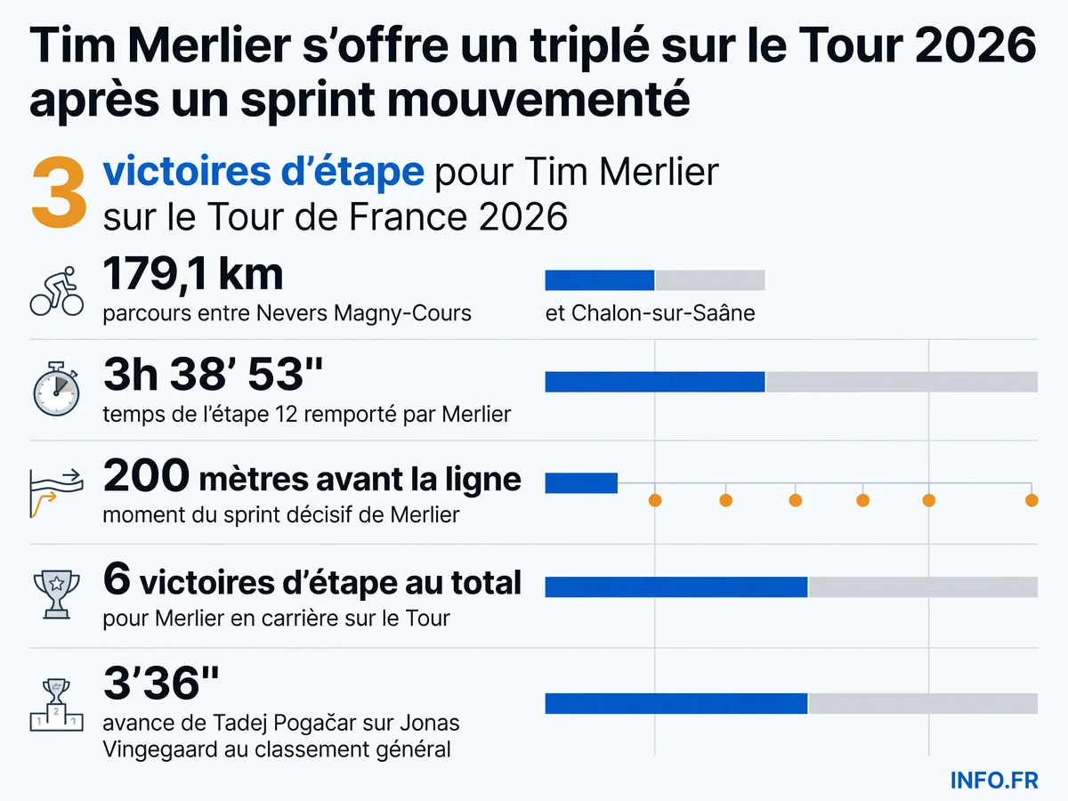 Tim Merlier remporte sa troisième victoire d'étape sur le Tour de France 2026 à Chalon-sur-Saône après un sprint massif de 179,1 km