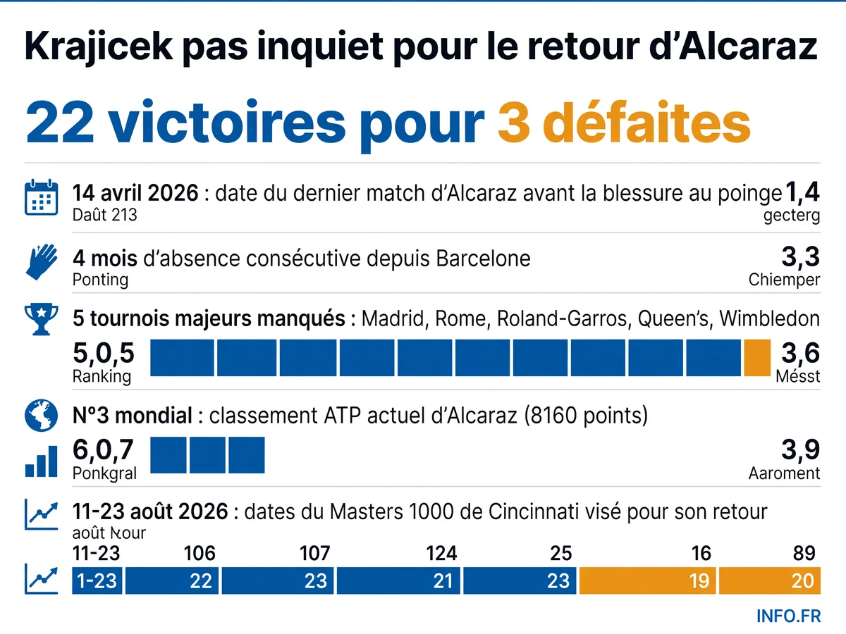 Chronologie de l'absence de Carlos Alcaraz depuis sa blessure au poignet contractée à Barcelone le 14 avril 2026, avec les tournois majeurs manqués et le retour visé à Cincinnati.