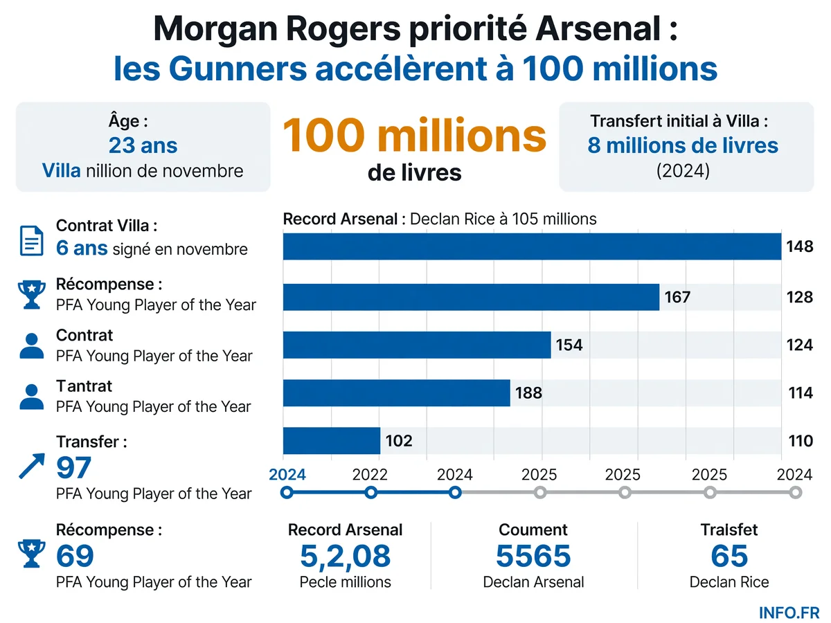 Les chiffres clés du dossier Morgan Rogers: de son transfert à Aston Villa en 2024 (8 millions) à sa valorisation actuelle (100 millions) et le record d'Arsenal (Declan Rice, 105 millions).