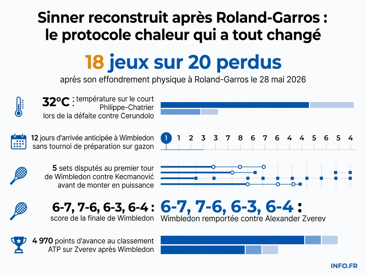 Reconstruction de Jannik Sinner entre Roland-Garros et Wimbledon 2026: effondrement physique à Paris, protocole thermique, arrivée anticipée à Londres et triomphe en finale.