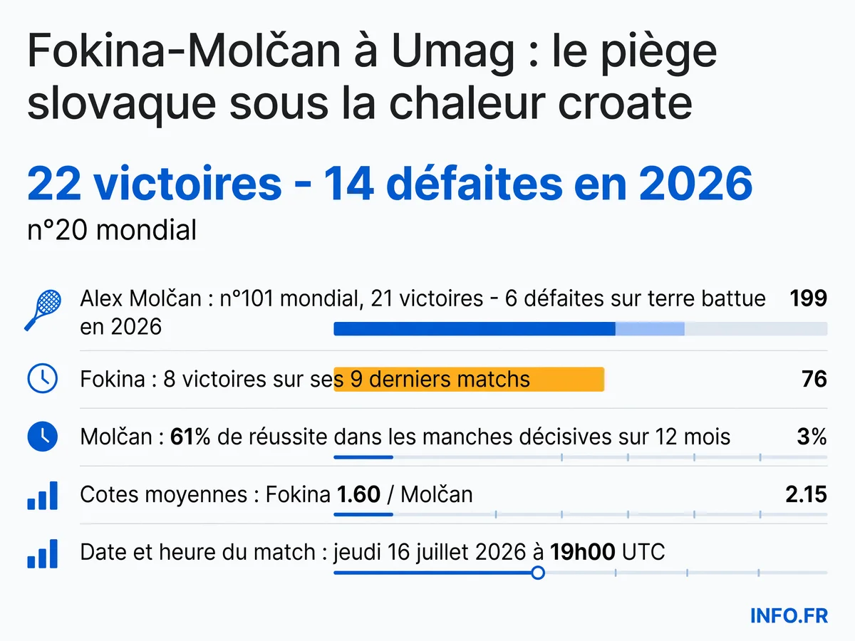 Comparatif statistique entre Alejandro Davidovich Fokina et Alex Molčan avant leur quart de finale de l'ATP 250 d'Umag le 16 juillet 2026
