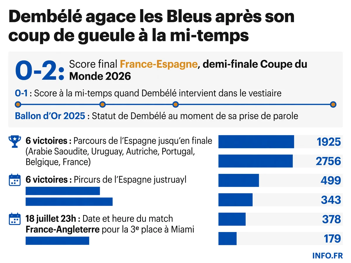 Tensions dans le vestiaire des Bleus après la critique du pressing par Dembélé à la mi-temps de la demi-finale perdue 0-2 contre l'Espagne en Coupe du Monde 2026