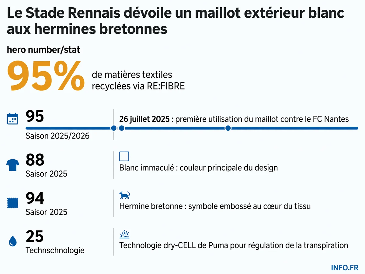 Données clés du nouveau maillot extérieur du Stade Rennais 2025/2026: matériaux recyclés, date de lancement, couleurs et symboles identitaires bretons.