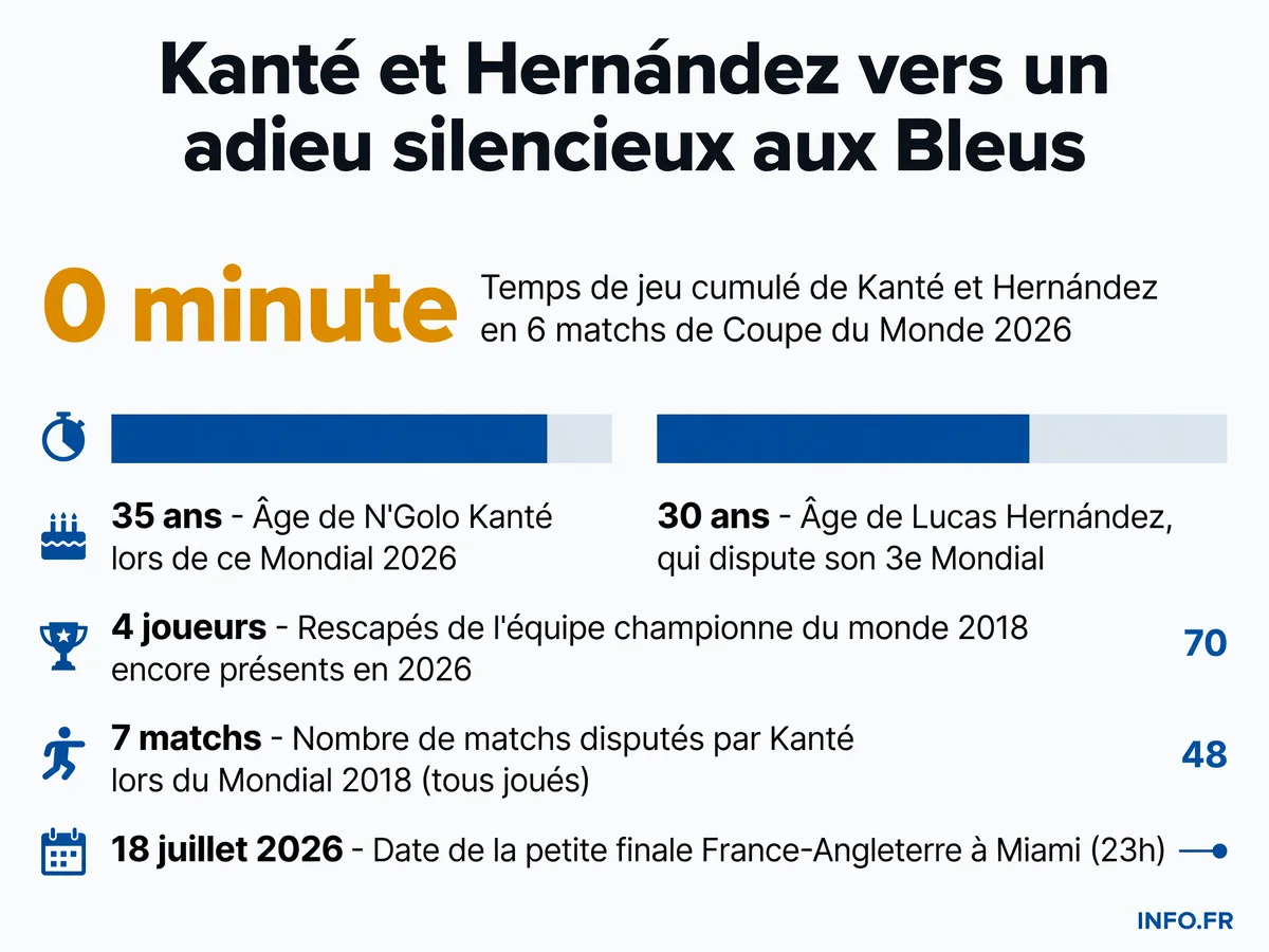 N'Golo Kanté et Lucas Hernández, champions du monde 2018, n'ont joué aucune minute lors des six premiers matchs de la France à la Coupe du Monde 2026, contrairement à leur statut de titulaires indiscutables huit ans plus tôt.