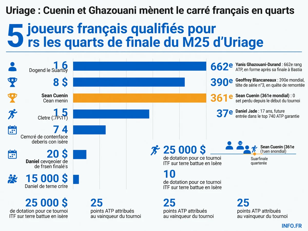 Cinq joueurs français qualifiés pour les quarts de finale du M25 d'Uriage 2026, tournoi ITF doté de 25 000 dollars disputé du 13 au 19 juillet sur terre battue en Isère.