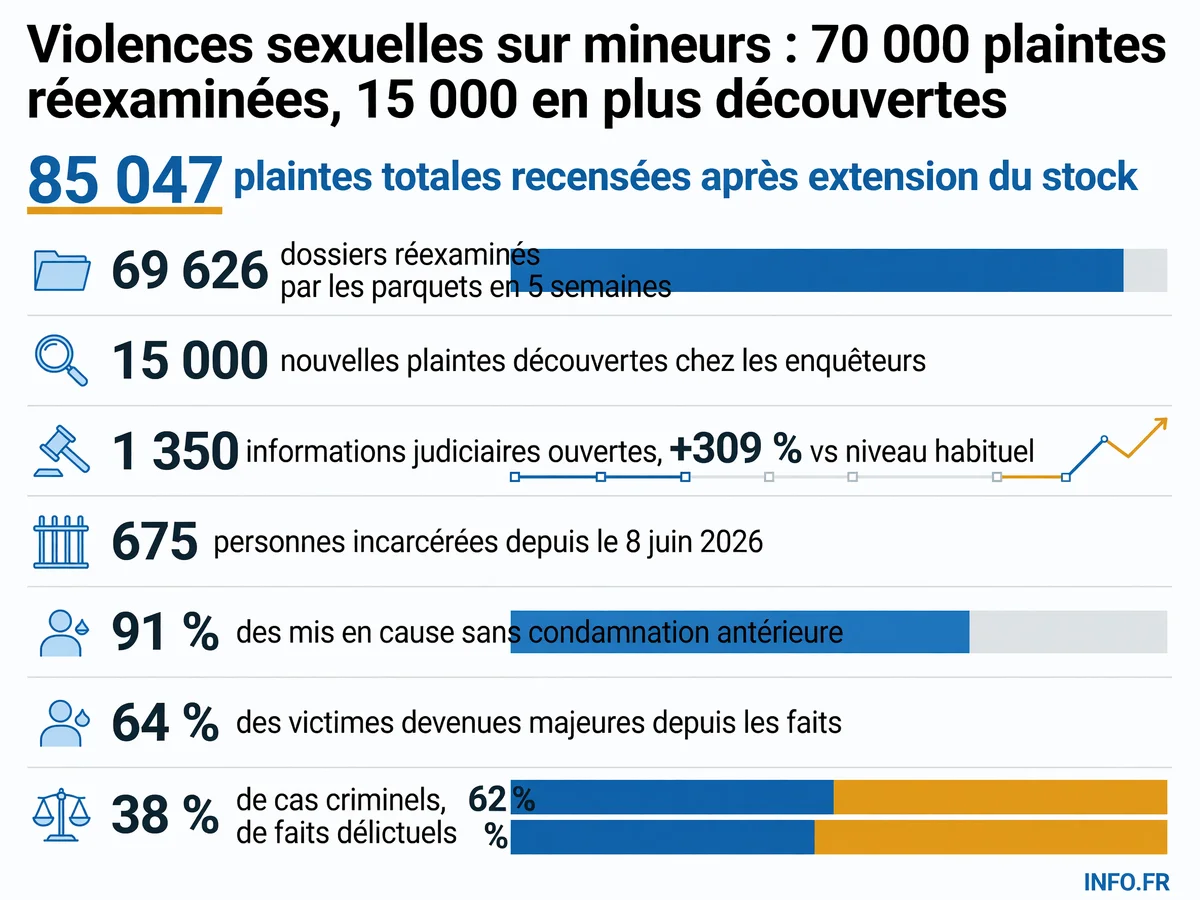 Bilan chiffré du réexamen massif des plaintes pour violences sexuelles sur mineurs lancé après l'affaire Lyhanna: 69 626 dossiers traités, 15 000 découvertes, 675 incarcérations.