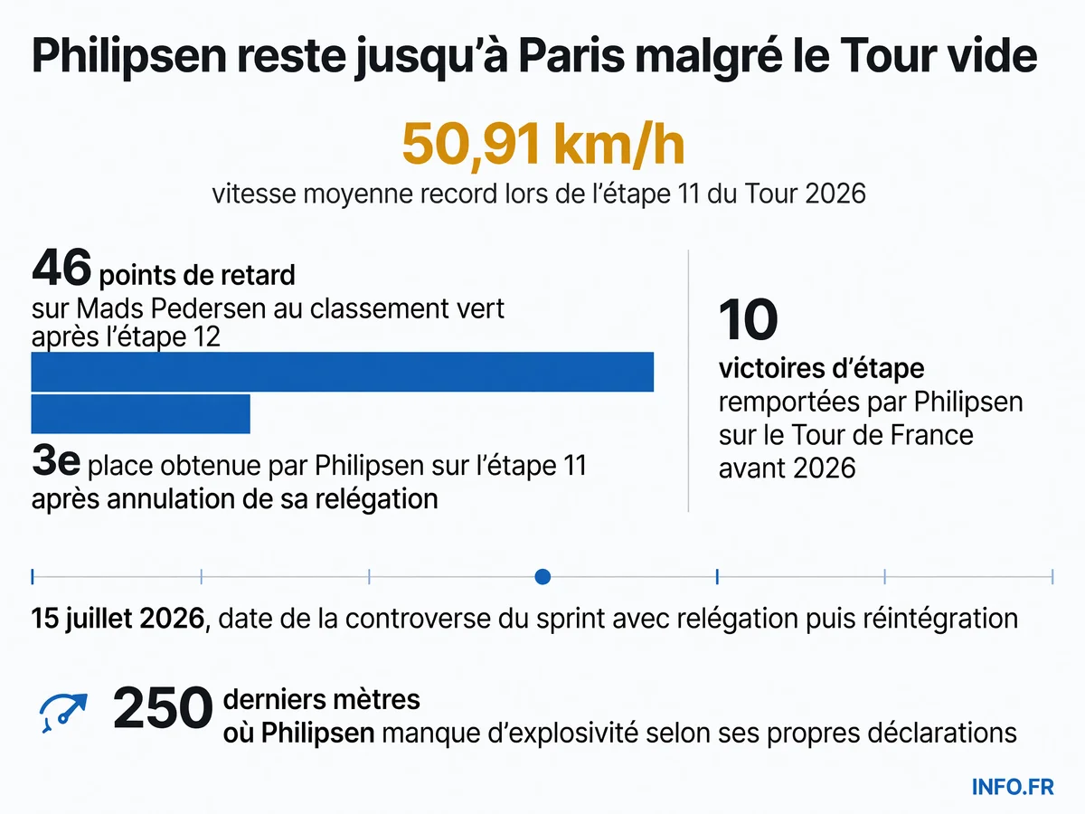 Jasper Philipsen accuse 46 points de retard au classement vert du Tour de France 2026 après une édition marquée par zéro victoire d'étape et une relégation controversée puis annulée sur l'étape 11.