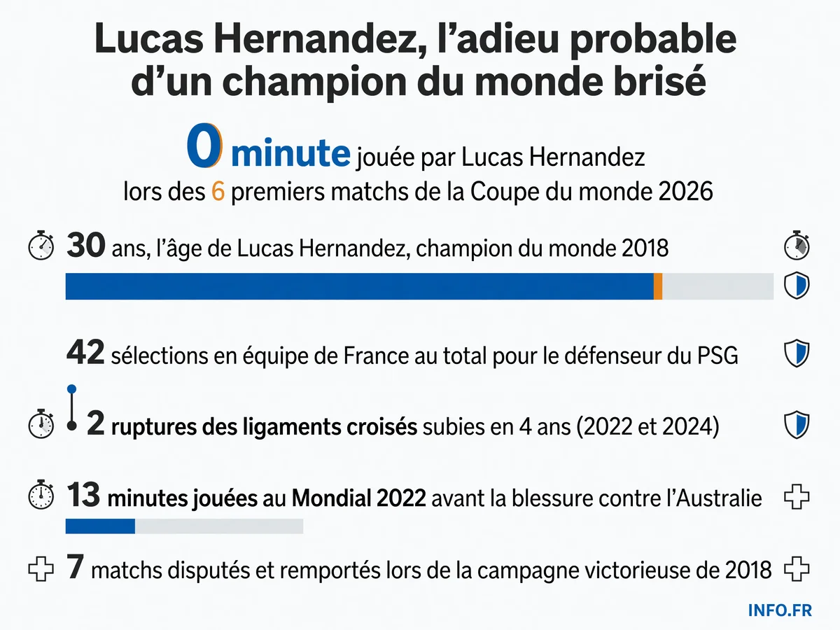 Parcours de Lucas Hernandez en Coupe du monde: champion en 2018, blessé après 13 minutes en 2022, 0 minute jouée en 2026 avant la petite finale contre l'Angleterre.