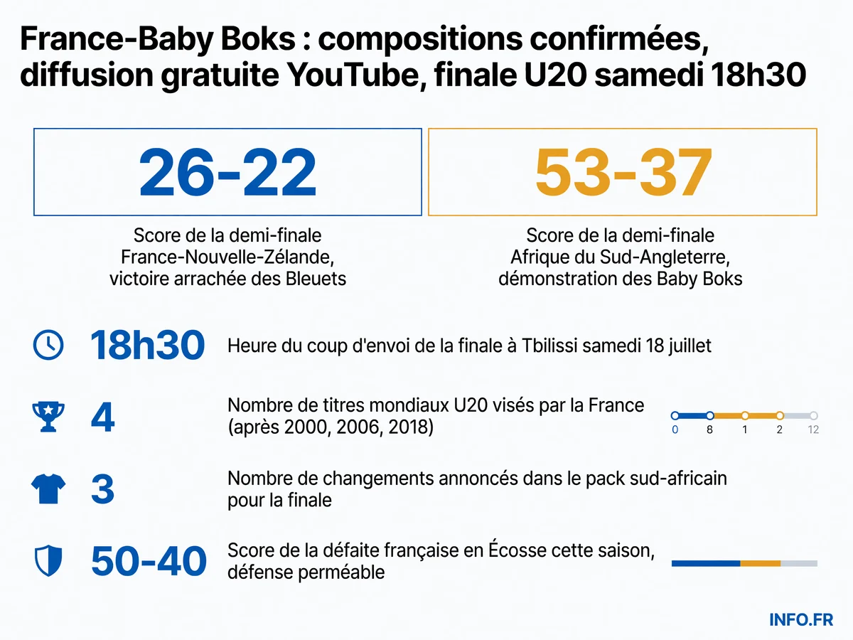 Infographie présentant les statistiques clés de la finale du Championnat du monde U20 de rugby entre la France et l'Afrique du Sud à Tbilissi le 18 juillet 2026