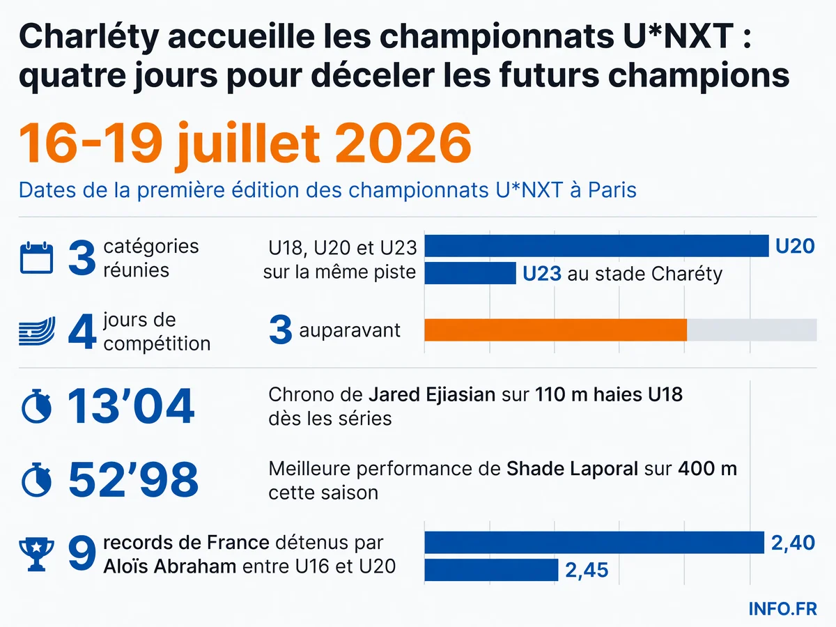 Les chiffres clés des championnats de France U*NXT 2026 au stade Charléty: dates, catégories, performances des favoris et enjeux de qualification pour Eugene