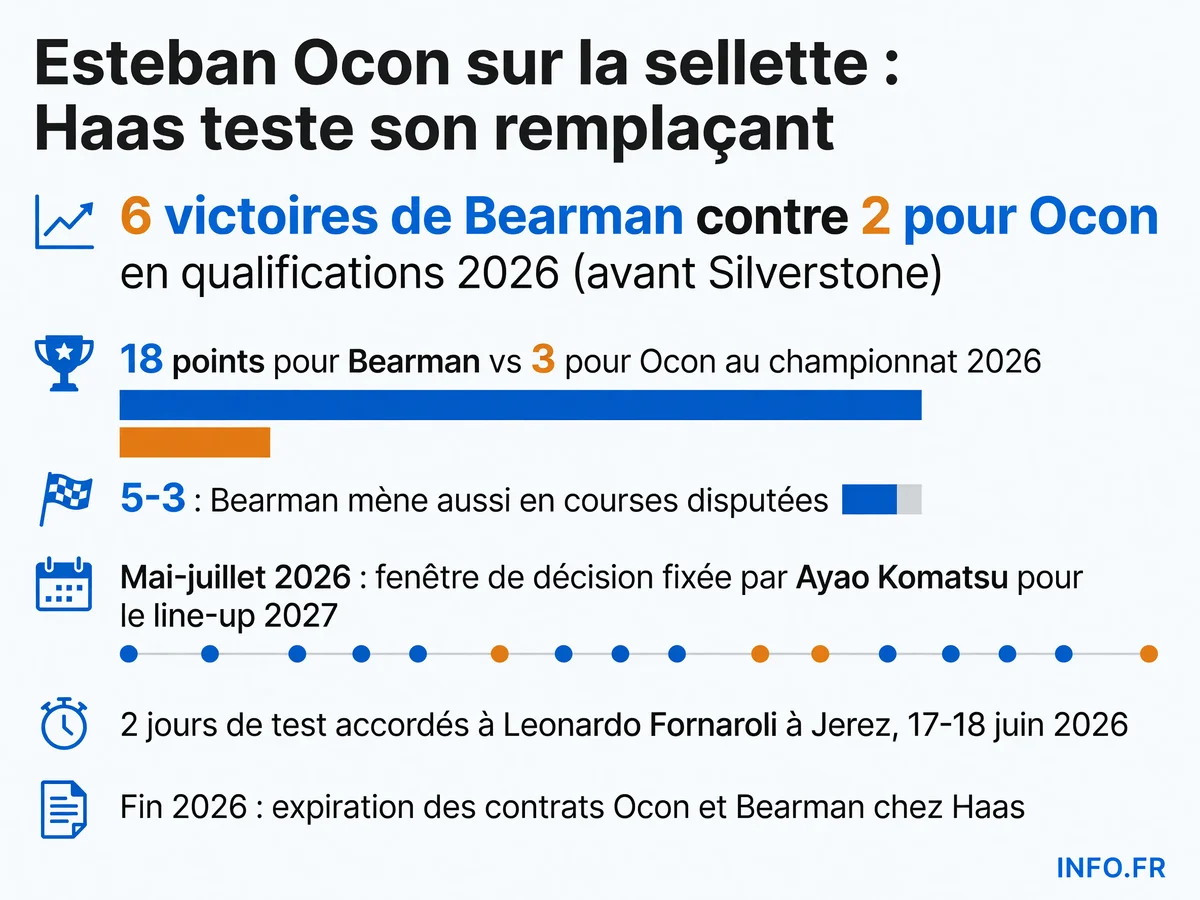 Comparaison des performances 2026 d'Esteban Ocon et Ollie Bearman chez Haas F1 et calendrier du mercato pilotes 2027