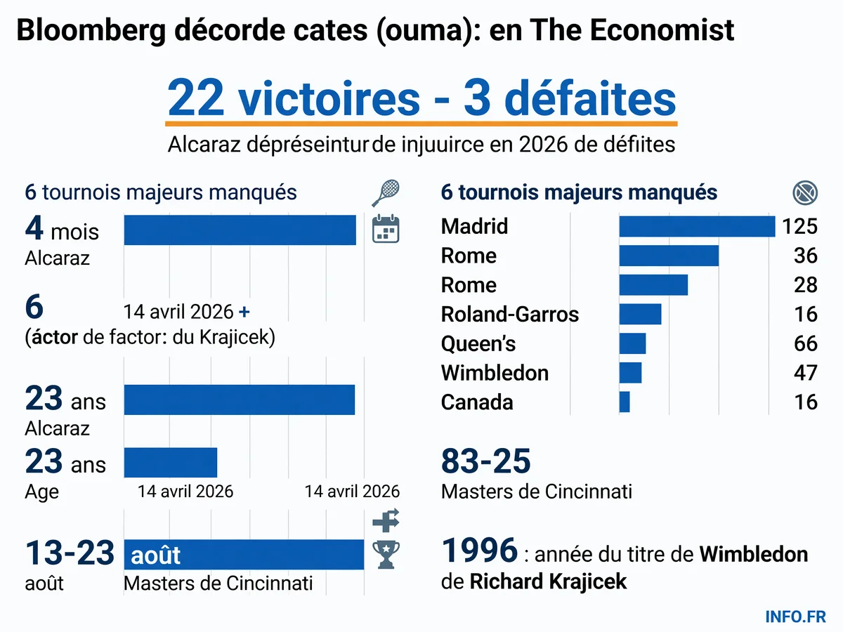 Chronologie de la blessure au poignet de Carlos Alcaraz du 14 avril au retour prévu à Cincinnati mi-août 2026, avec bilan statistique et forfaits majeurs