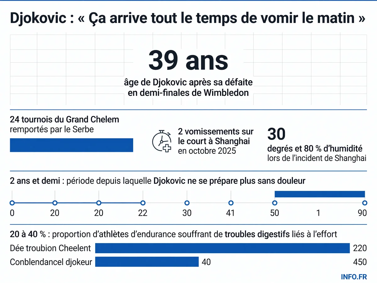 Infographie présentant les données clés sur les problèmes physiques de Novak Djokovic et leur fréquence dans le sport de haut niveau