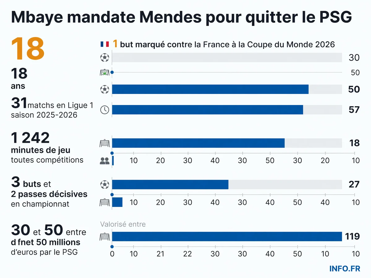 Statistiques et parcours d'Ibrahim Mbaye, attaquant sénégalais du PSG en instance de départ vers la Premier League ou la Bundesliga.