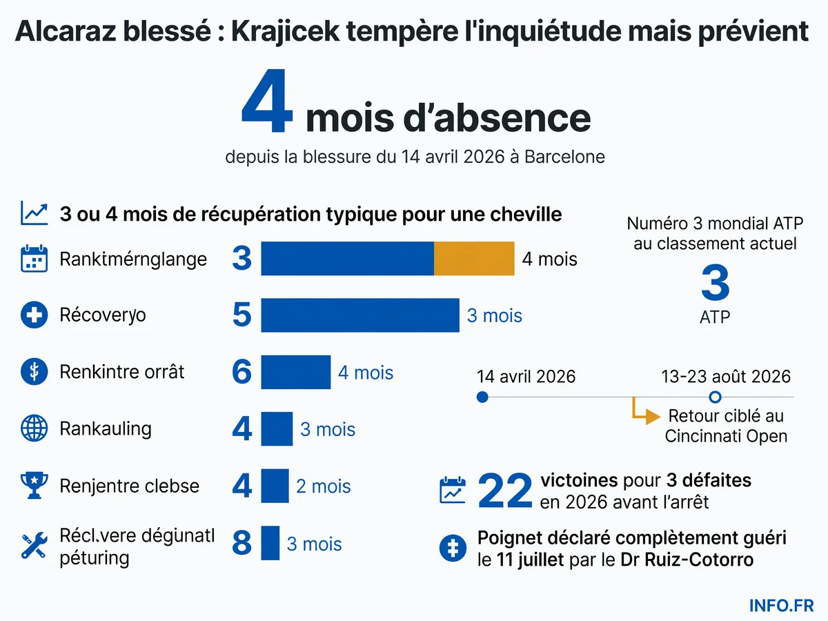 Chronologie de la blessure au poignet de Carlos Alcaraz: 4 mois d'absence depuis avril, retour prévu à Cincinnati mi-août avant l'US Open