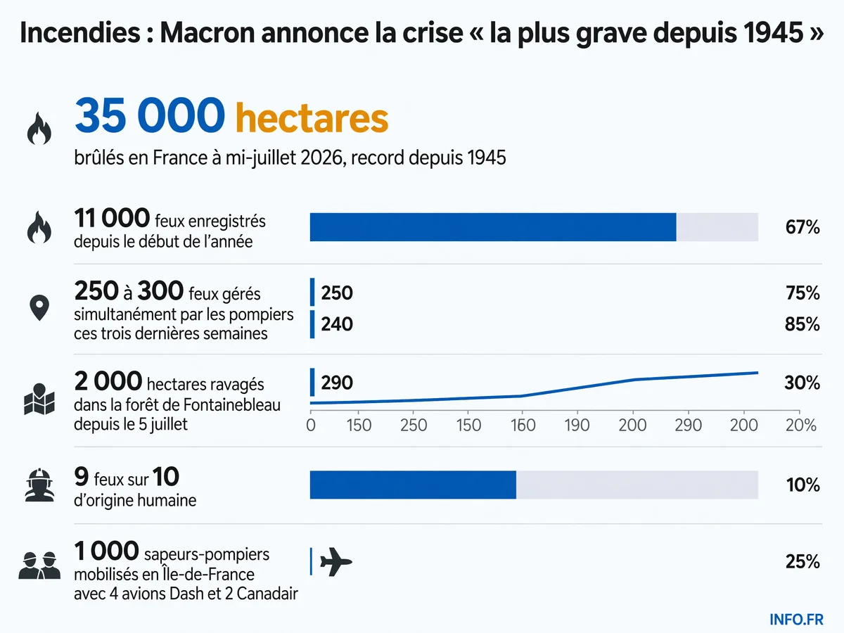 Bilan des incendies en France à mi-juillet 2026: surfaces brûlées, nombre de feux et moyens déployés selon la Sécurité civile.