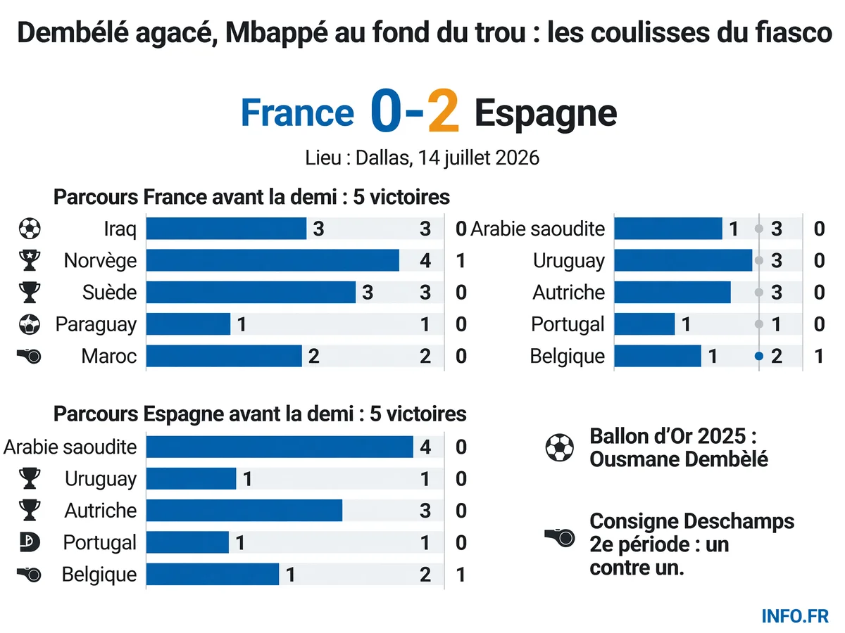 Infographie montrant le score final France-Espagne 0-2 en demi-finale de Coupe du monde 2026 à Dallas, avec le parcours des deux équipes et les tensions dans le vestiaire français.