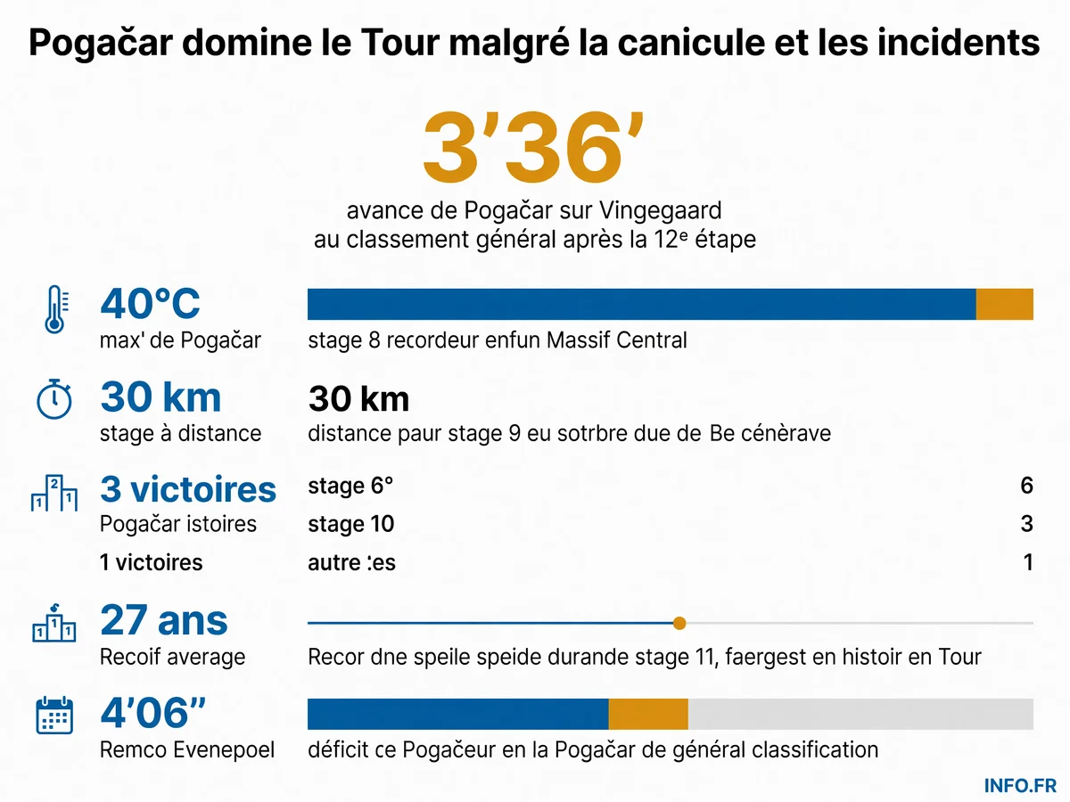 Infographie présentant les chiffres clés de la domination de Tadej Pogačar sur le Tour de France 2026 malgré des conditions de canicule extrême.