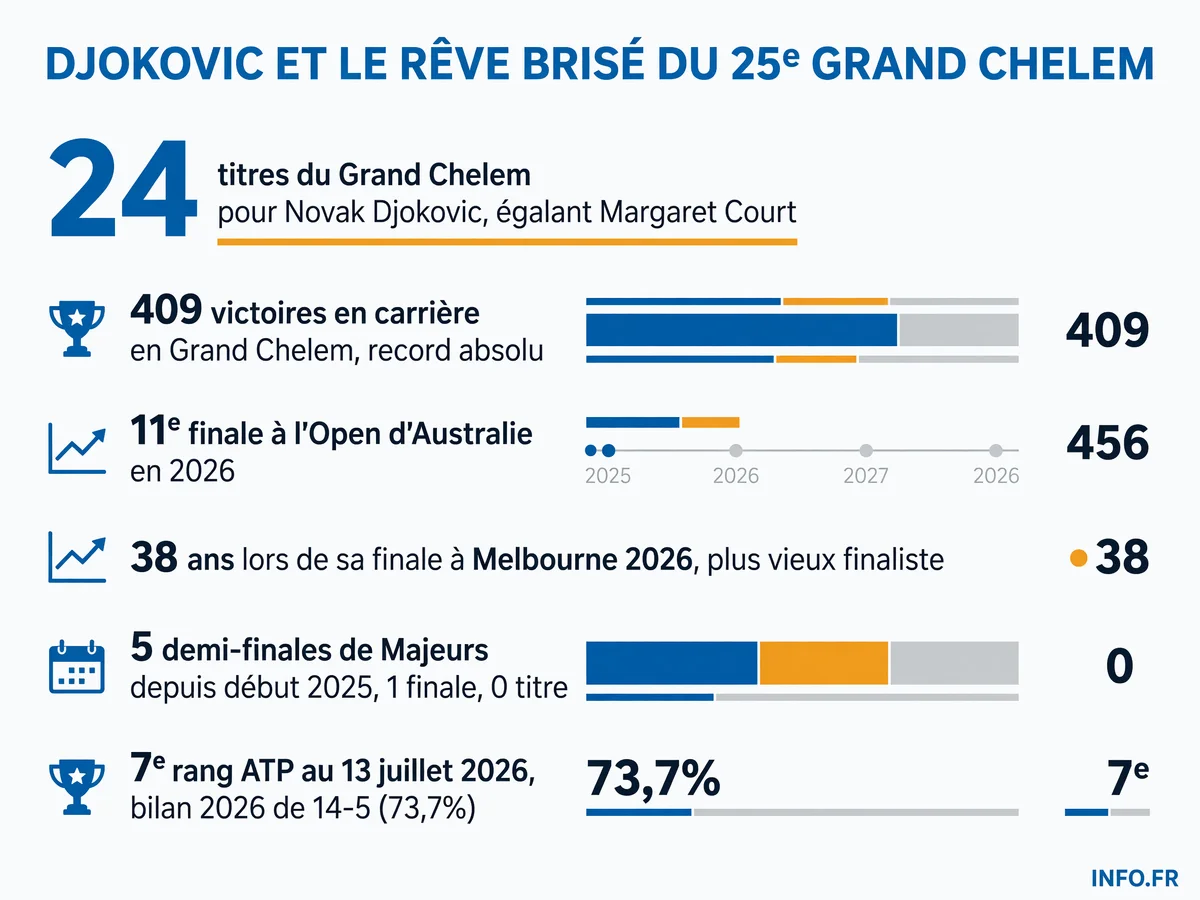 Statistiques clés de Novak Djokovic en 2026: 24 titres du Grand Chelem, 409 victoires en carrière, 7e mondial ATP avec un bilan de 14-5 mais aucun titre remporté cette saison.