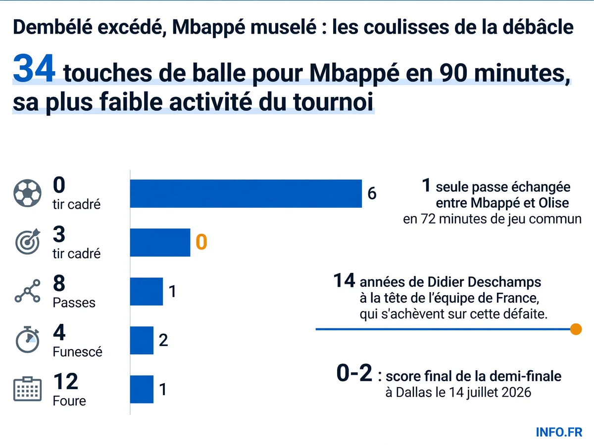 Statistiques du fiasco français face à l'Espagne en demi-finale de Coupe du monde 2026: l'effondrement de Mbappé et les tensions internes révélées