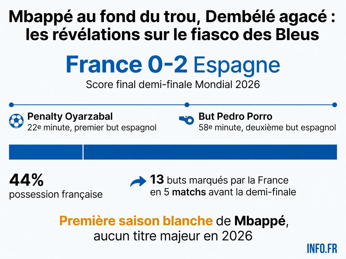 Statistiques de la défaite de la France 0-2 face à l'Espagne en demi-finale de la Coupe du Monde 2026 à Dallas