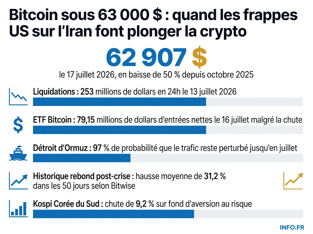 Évolution du Bitcoin en juillet 2026: chute sous 63 000 dollars après les frappes américaines sur l'Iran, liquidations massives et réaction des ETF institutionnels.