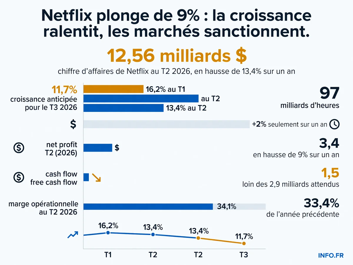 Infographie présentant les indicateurs financiers clés de Netflix au deuxième trimestre 2026 et les prévisions pour le troisième trimestre, illustrant le ralentissement de la croissance du géant du streaming.