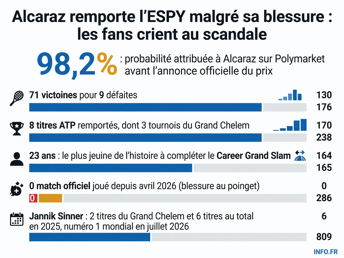 Comparaison des performances de Carlos Alcaraz et Jannik Sinner entre la période d'éligibilité ESPY (juin 2025-mai 2026) et la situation actuelle du tennis en juillet 2026, illustrant le décalage à l'origine de la controverse.