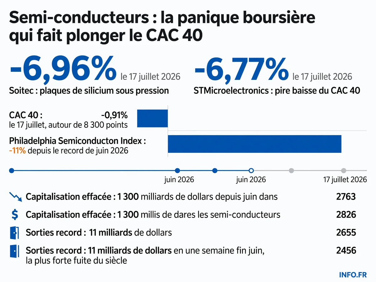 Chute des valeurs de semi-conducteurs sur les Bourses mondiales en juillet 2026: STMicroelectronics, Soitec, et les indices CAC 40 et Philadelphia Semiconductor sous forte pression après les résultats de TSMC.