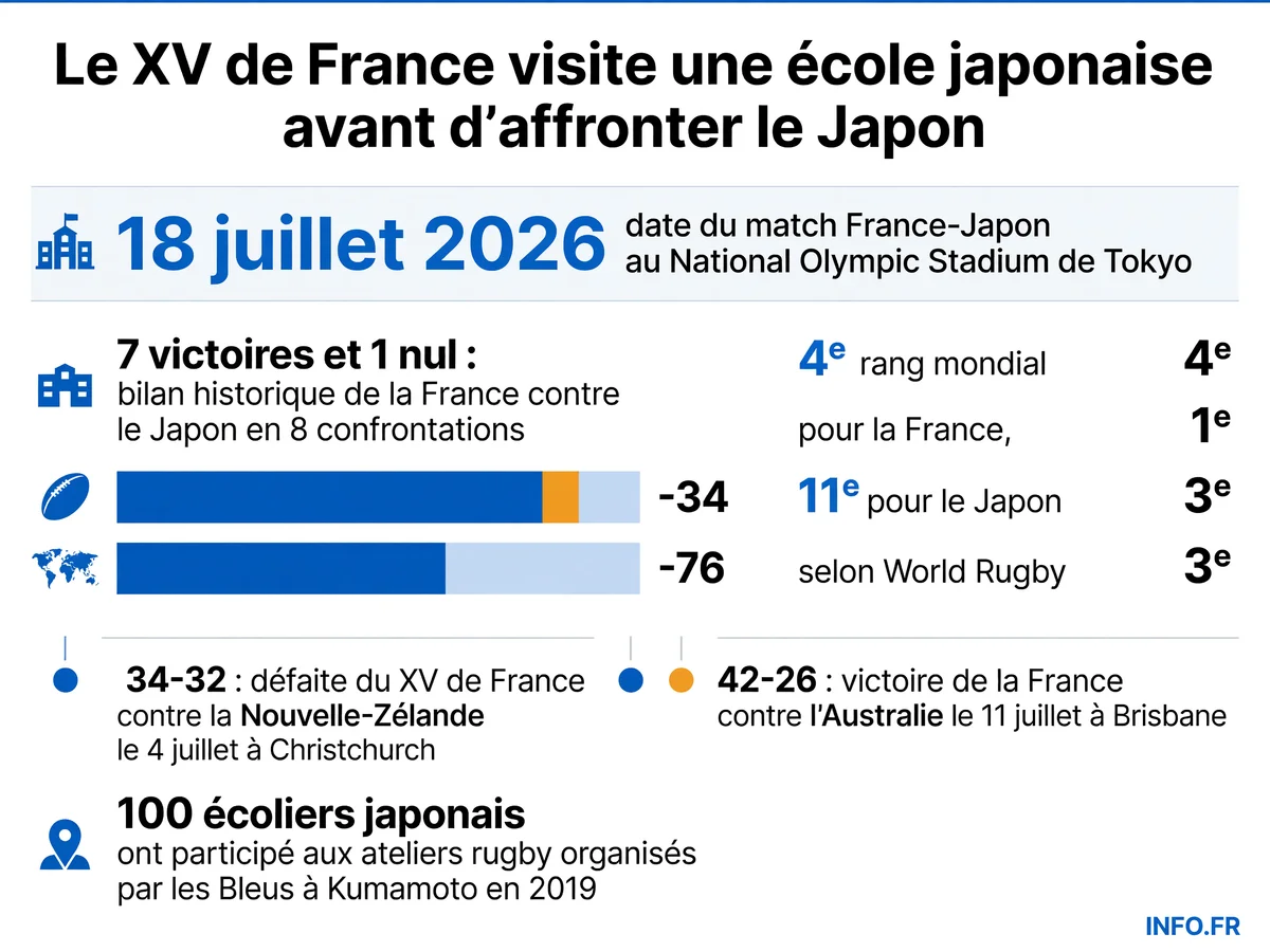 Le XV de France visite une école japonaise avant le match contre le Japon le 18 juillet 2026 à Tokyo dans le cadre du Championnat des Nations