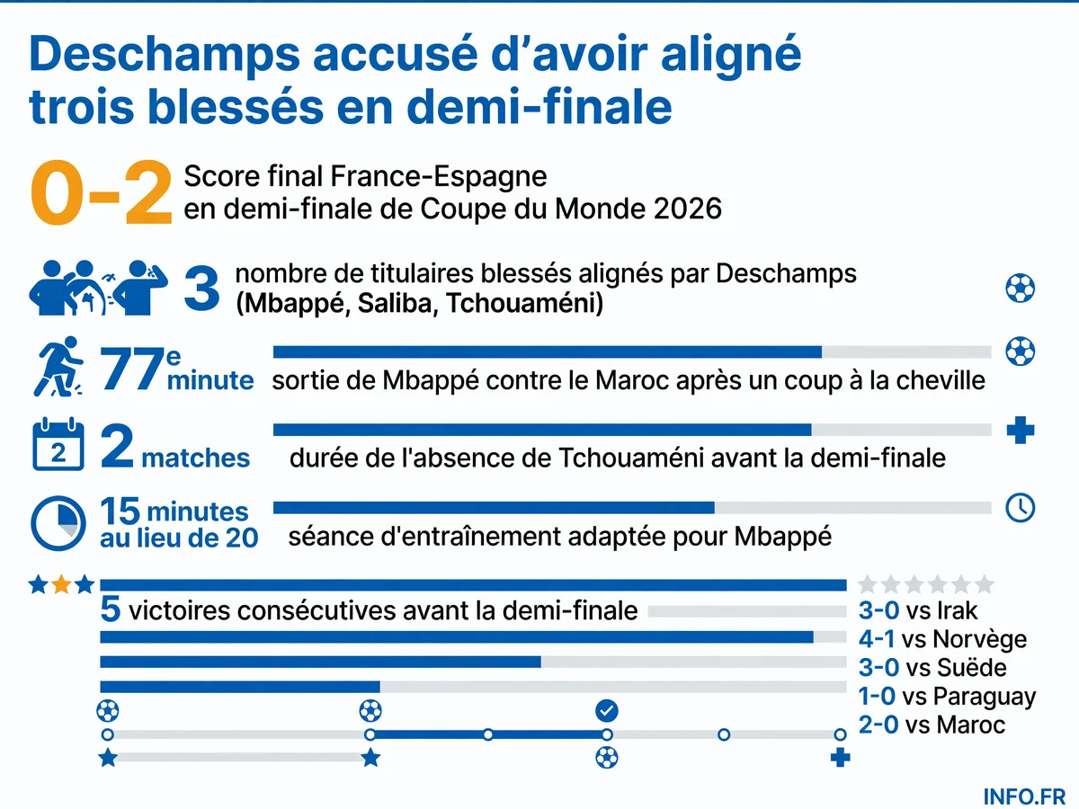 Bilan de la gestion des blessures de Mbappé, Saliba et Tchouaméni par Deschamps lors de la Coupe du Monde 2026, avec scores des matches et statut médical des joueurs avant la demi-finale contre l'Espagne.