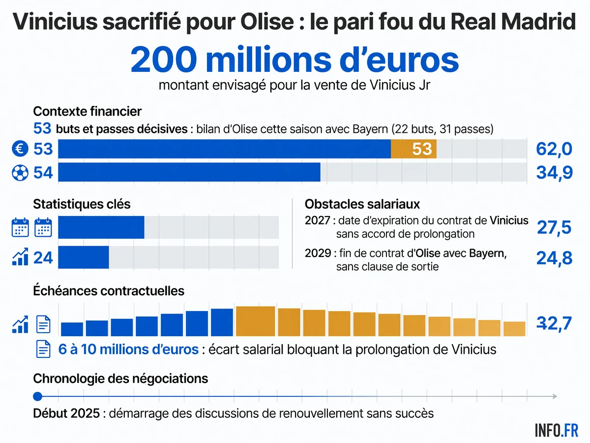 Données clés du possible échange Vinicius Jr-Michael Olise entre Real Madrid et Bayern Munich, saison 2025-2026